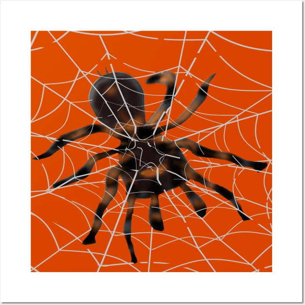 Giant Halloween Spider in Spiderwebs (Orange Background) Wall Art by Art By LM Designs 
